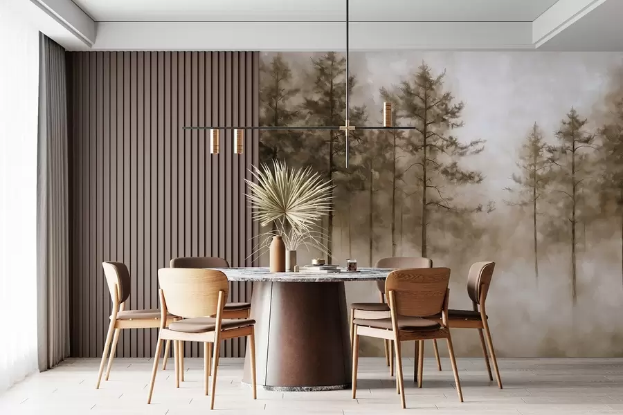 Fototapete Mystischer Wald, Kiefern, Nebel, Acrylfarbe, beige Farben w02149v1
