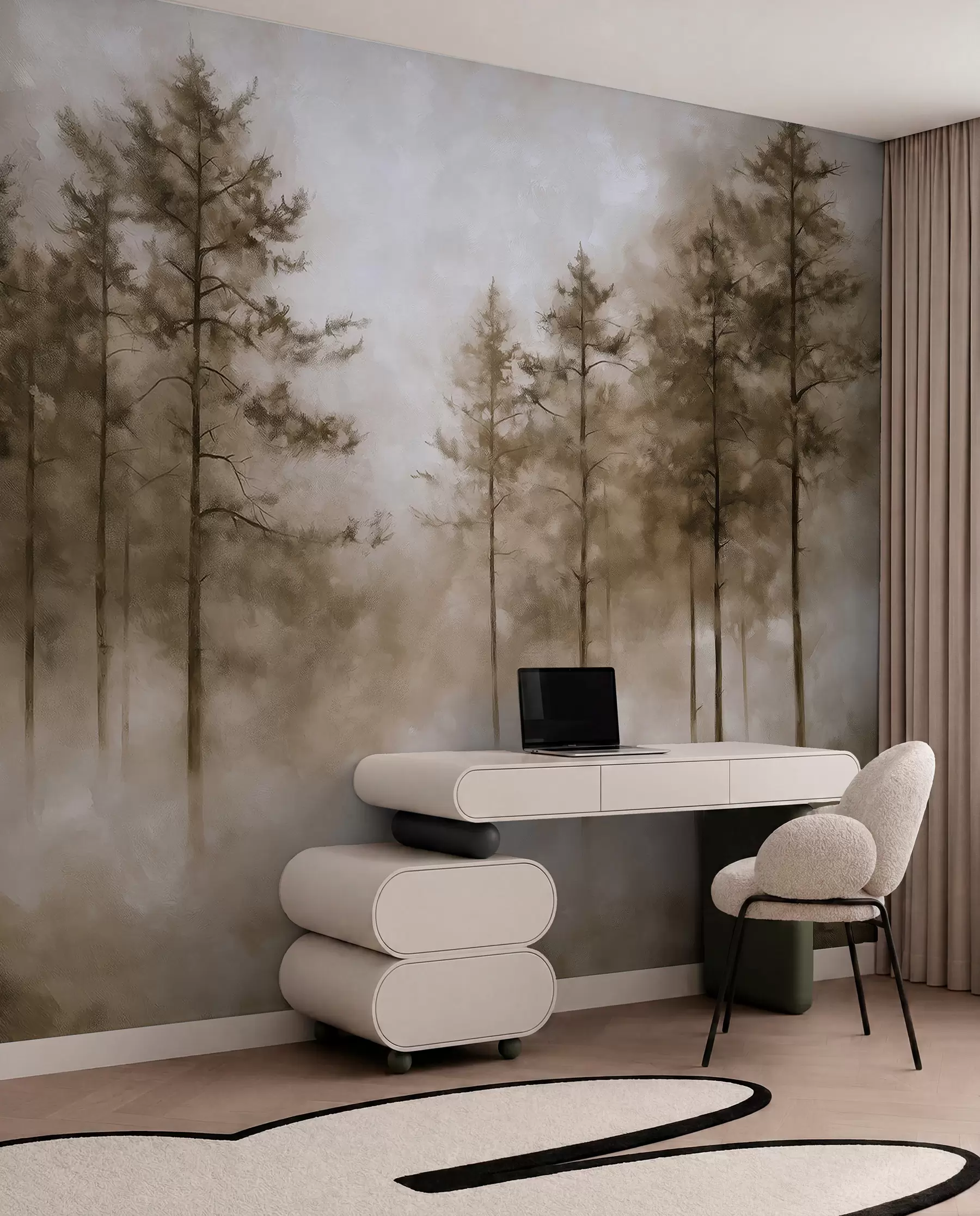 Murale Forêt mystique, pins, brouillard, peinture acrylique, couleurs beiges w02149v1