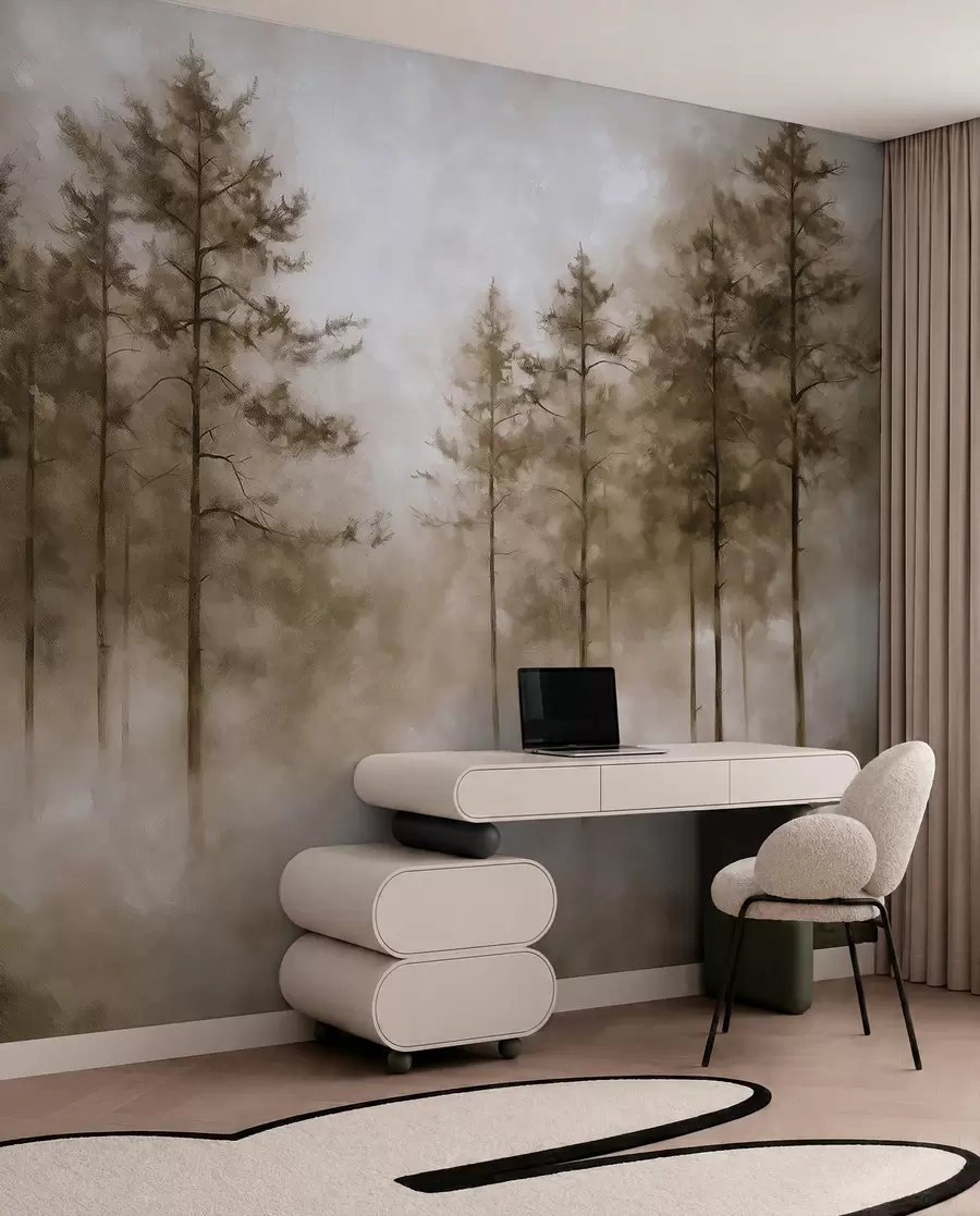 fototapeter Mystisk skov, fyrretræer, tåge, akrylmaling, beige farver w02149v1