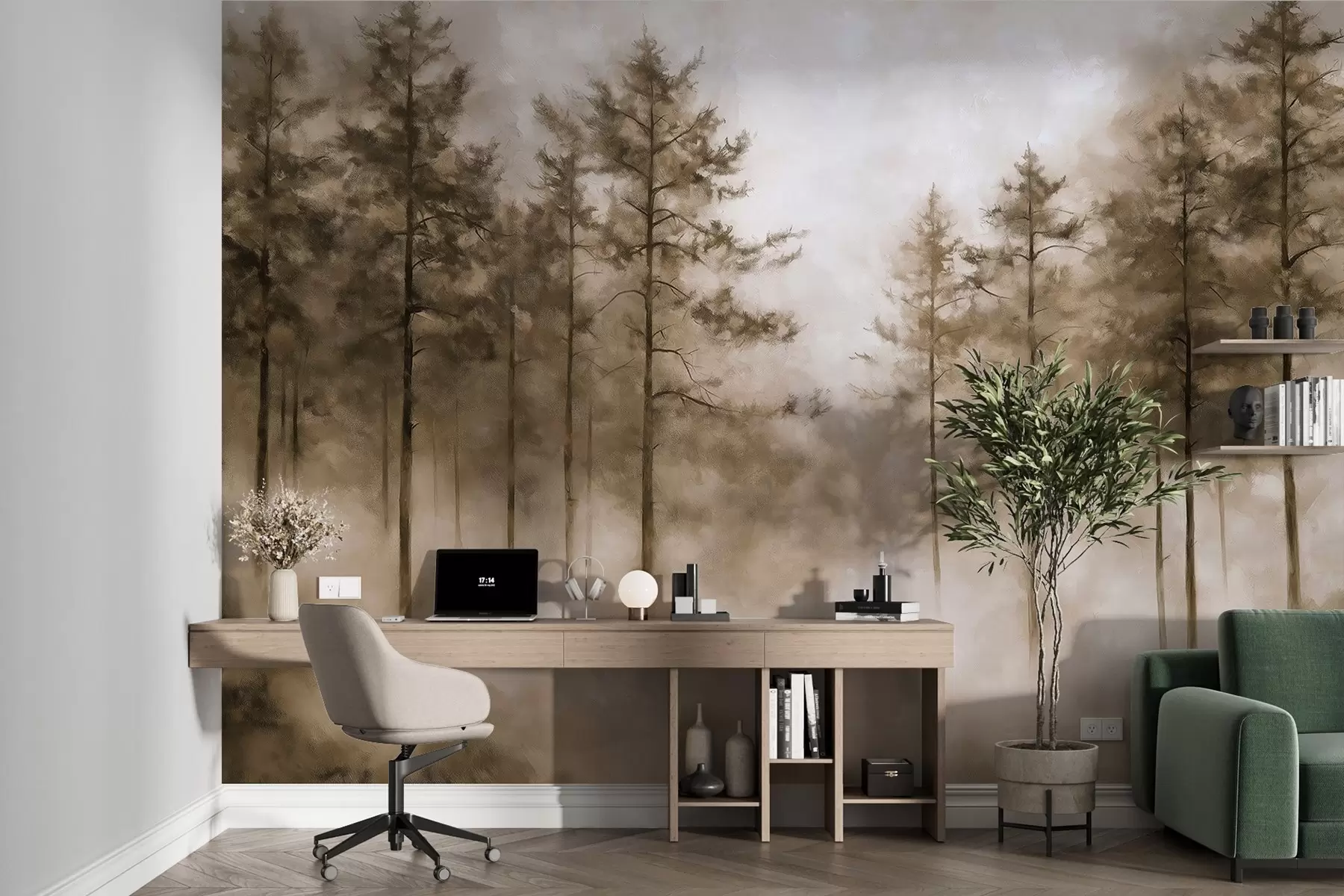 fototapeter Mystisk skov, fyrretræer, tåge, akrylmaling, beige farver w02149v1