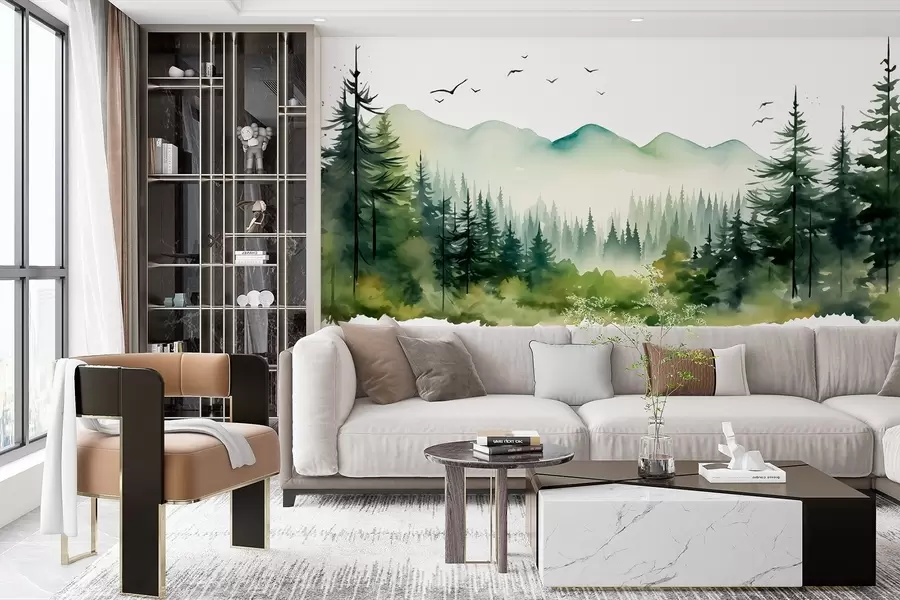 Fototapete Aquarell Wald- und Berglandschaften, grüne Farbpalette w02150