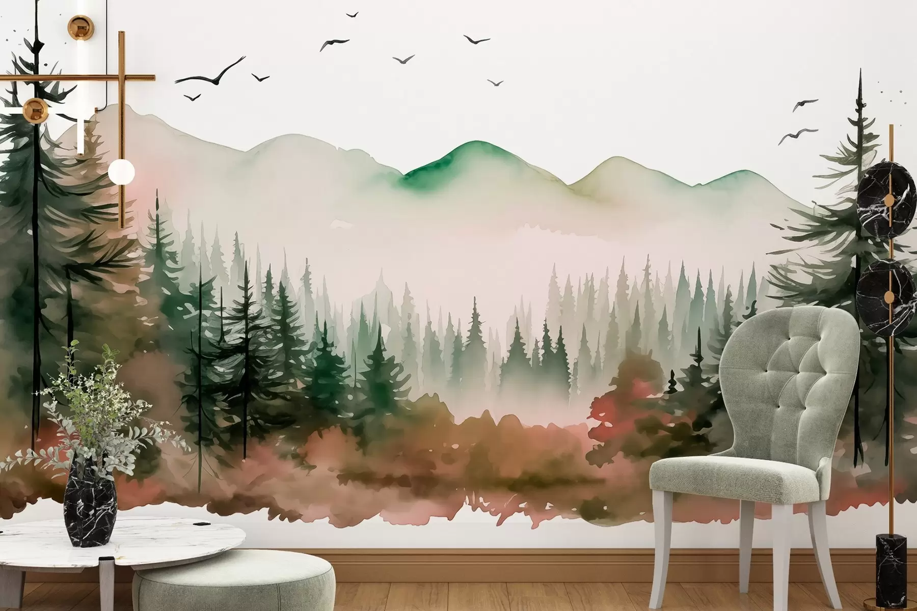 Fototapete Aquarell Wald- und Berglandschaften, grüne und rosa Farben w02150v1