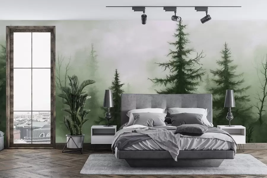 Fototapete Dunkelgrüner Wald, Ölgemälde, Pinselstriche, Natur w02153v1