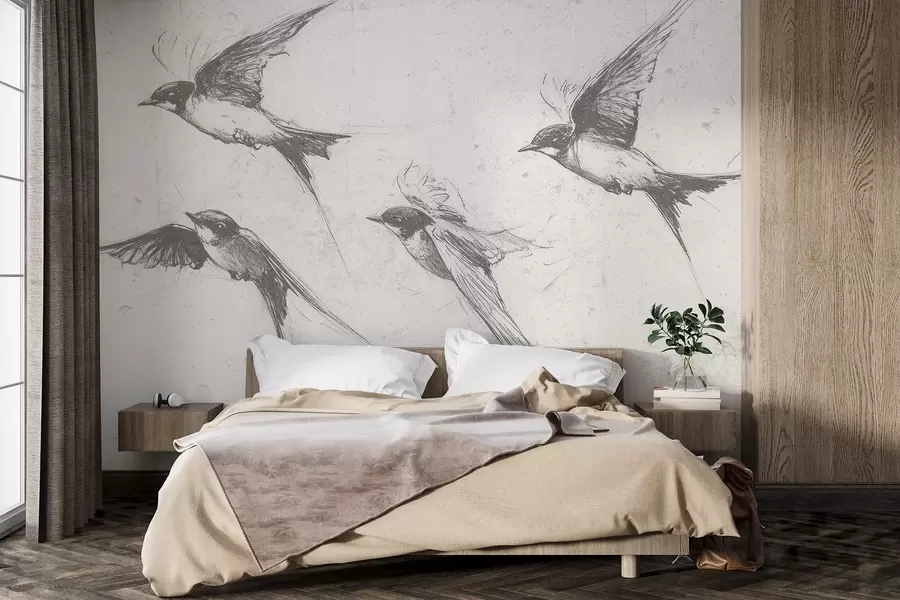 Fototapete Fliegende Vögel, Tuschezeichnung, Minimalismus, graue Farben w02155