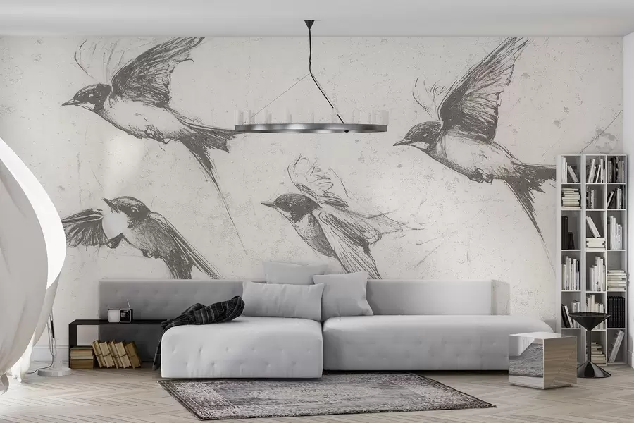 Fototapete Fliegende Vögel, Tuschezeichnung, Minimalismus, graue Farben w02155