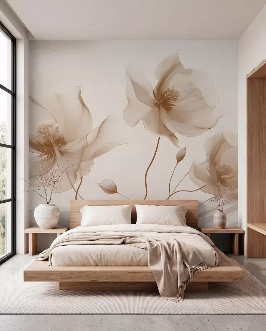 fototapeter Tre yndefulde blomster med gennemskinnelige kronblade, flettet sammen med bånd af lys og vind i beige toner w01932