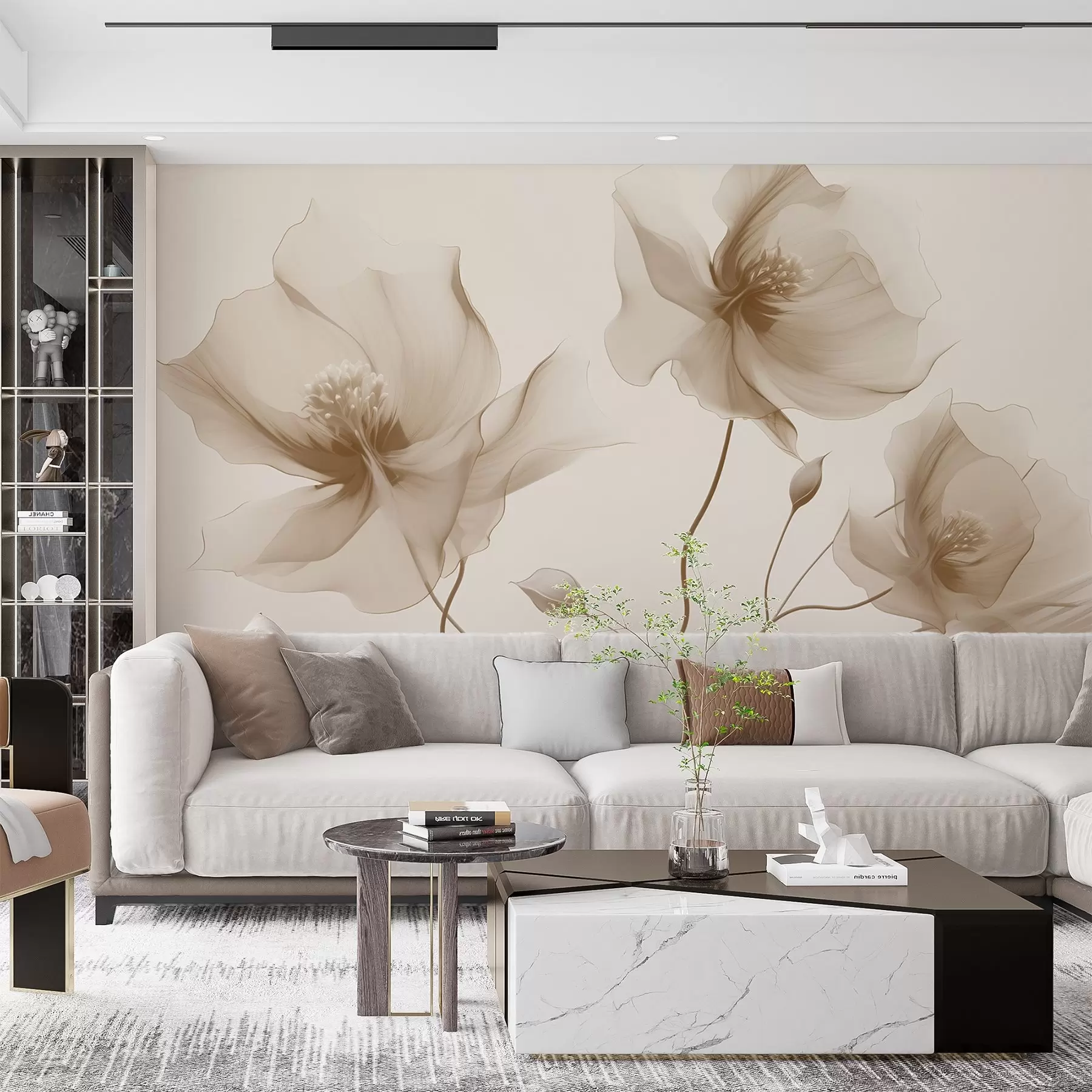 Fototapete Drei anmutige Blumen mit durchscheinenden Blütenblättern, verflochten mit Bändern aus Licht und Wind in Beigetönen w01932