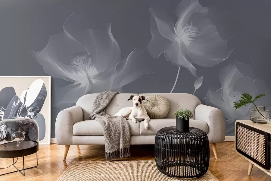 Murale Trois fleurs gracieuses aux pétales translucides, entrelacées de rubans de lumière et de vent dans les tons bleus w01932v2