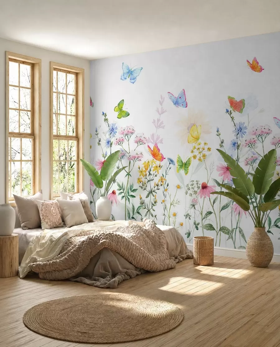fototapeter Farverige blomster og planter og sommerfugle w02238