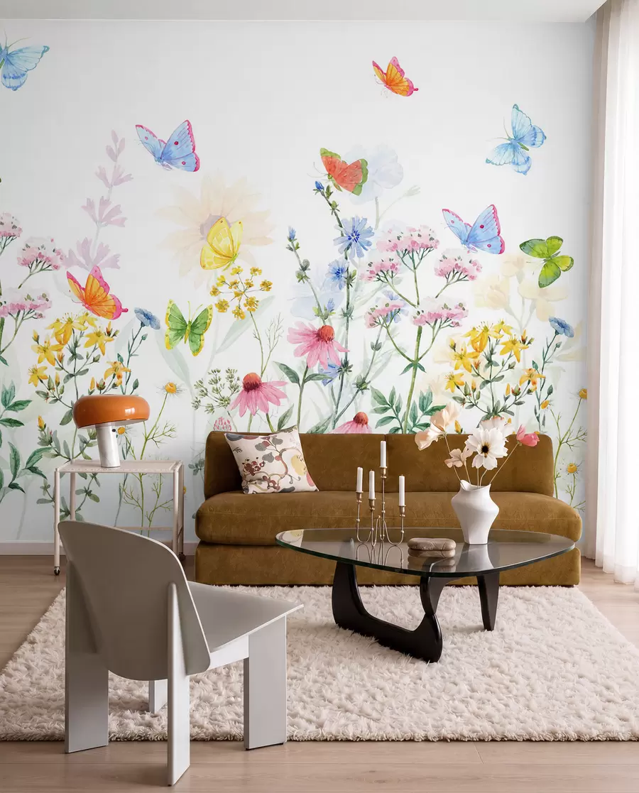 fototapeter Farverige blomster og planter og sommerfugle w02238