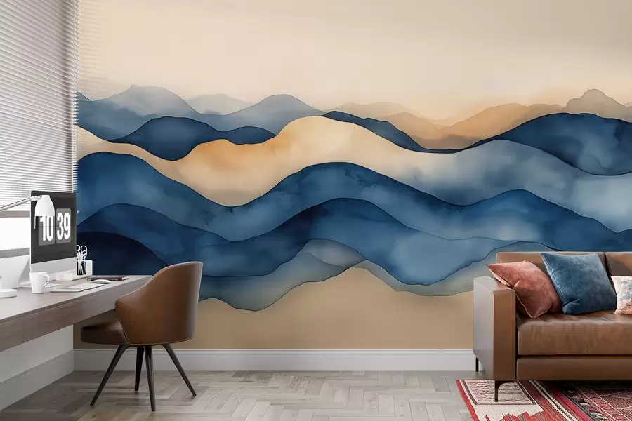 Fototapete Abstrakte blau-beigefarbene Wellen, die an Berge erinnern w02196