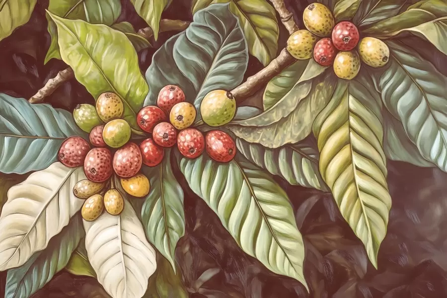 Fototapete Zweige einer Kaffeepflanze mit Früchten und tropischen Elementen w02209