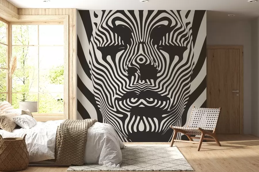 Fototapete Spalier im Op-Art-Stil mit abstraktem Gesicht, Wellenlinien auf hellem Hintergrund w02285