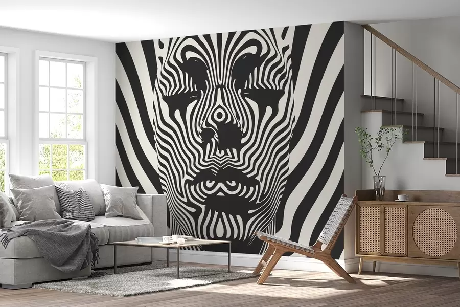 Fototapete Spalier im Op-Art-Stil mit abstraktem Gesicht, Wellenlinien auf hellem Hintergrund w02285