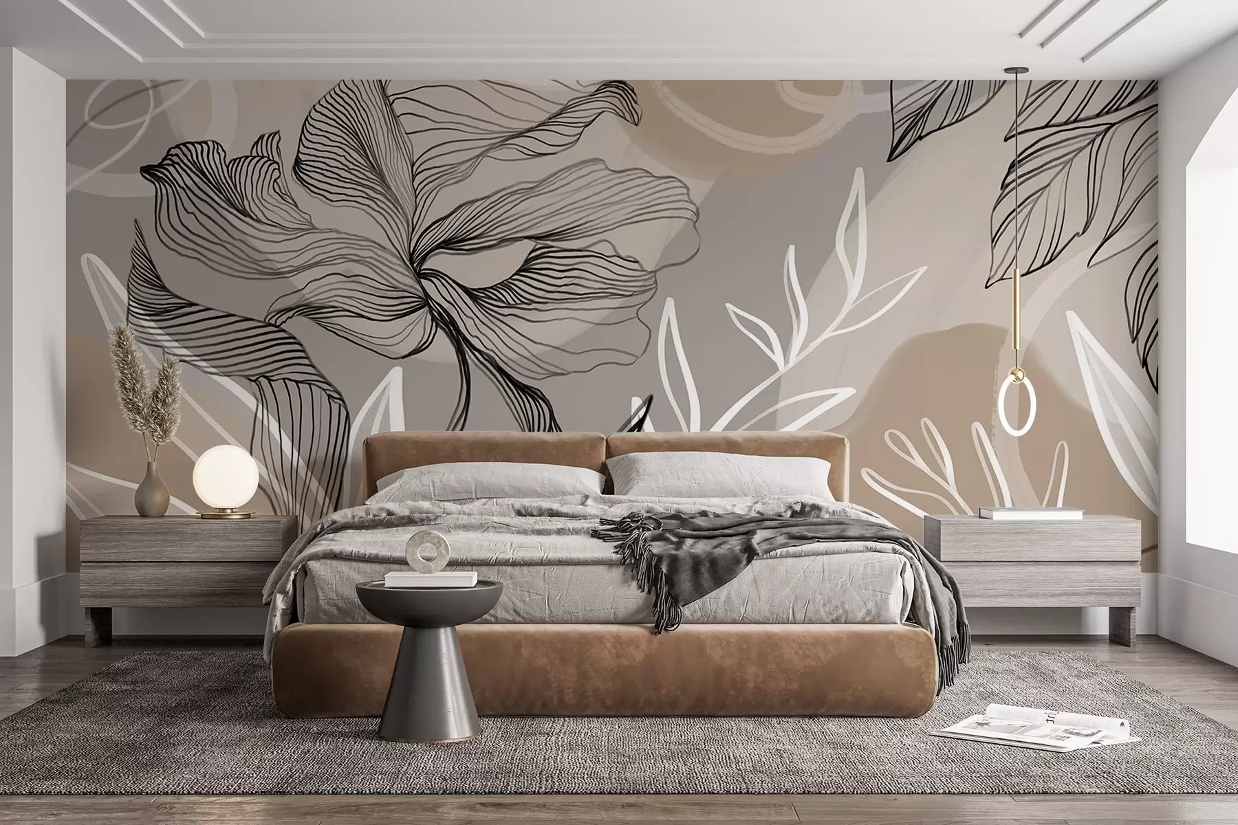 fototapeter Elegant blomsterprint med store abstrakte linjeblomster og blade i grå og beige nuancer på en lys baggrund w08413