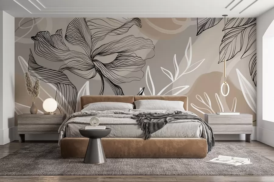 fototapeter Elegant blomsterprint med store abstrakte linjeblomster og blade i grå og beige nuancer på en lys baggrund w08413