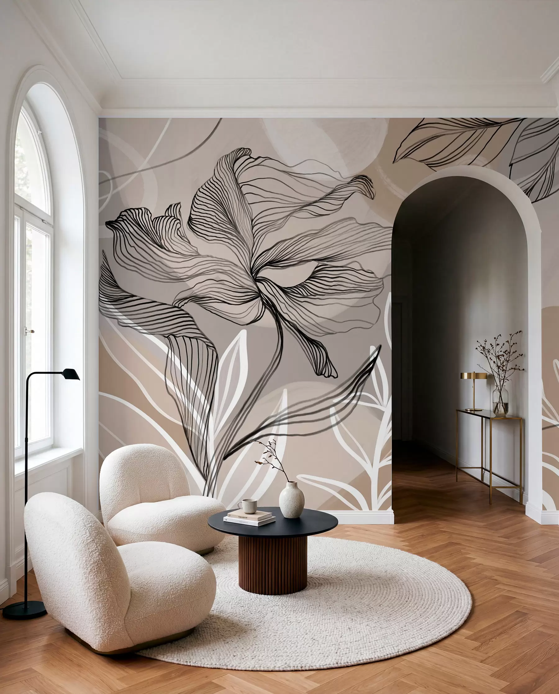 fototapeter Elegant blomsterprint med store abstrakte linjeblomster og blade i grå og beige nuancer på en lys baggrund w08413