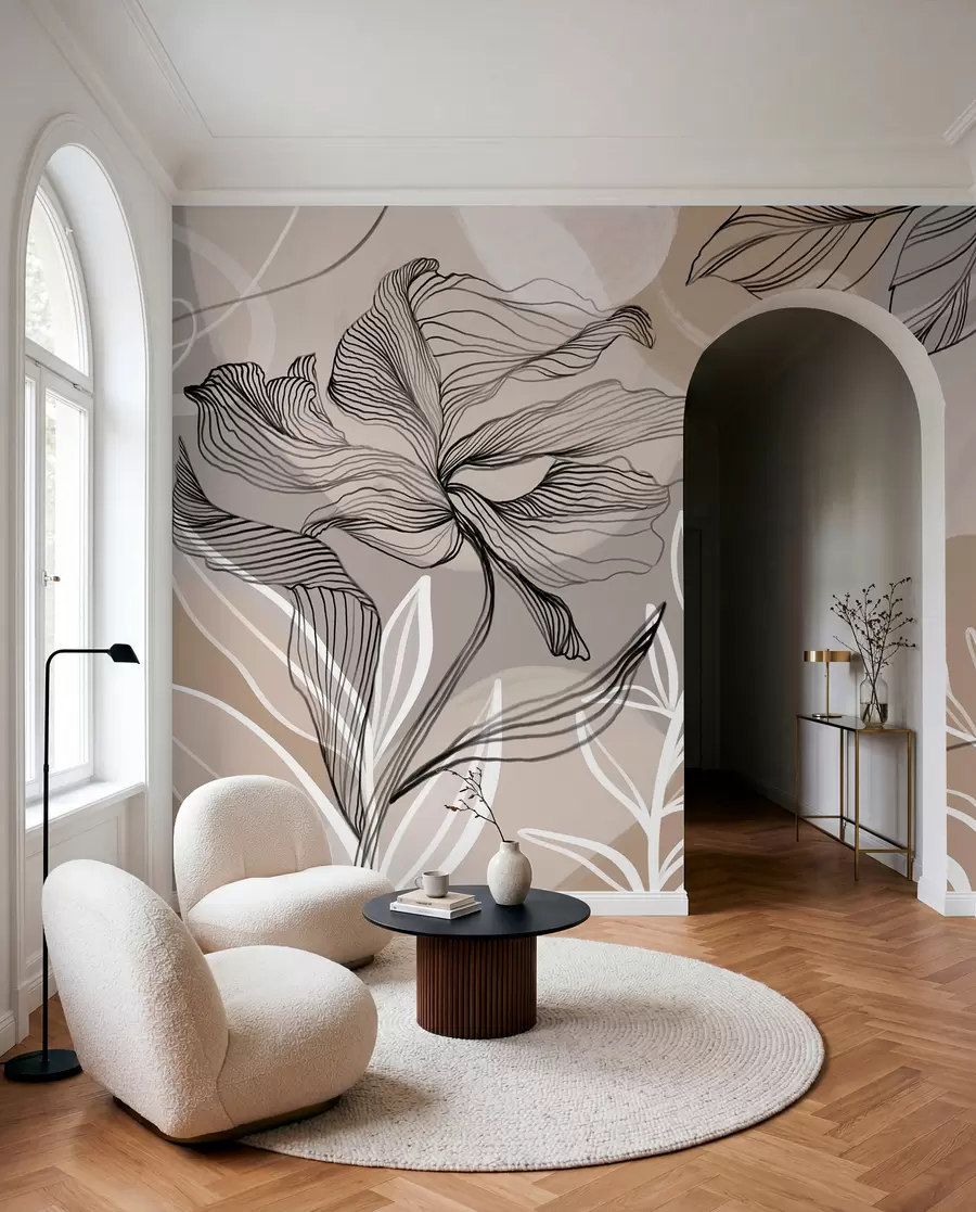 fototapeter Elegant blomsterprint med store abstrakte linjeblomster og blade i grå og beige nuancer på en lys baggrund w08413