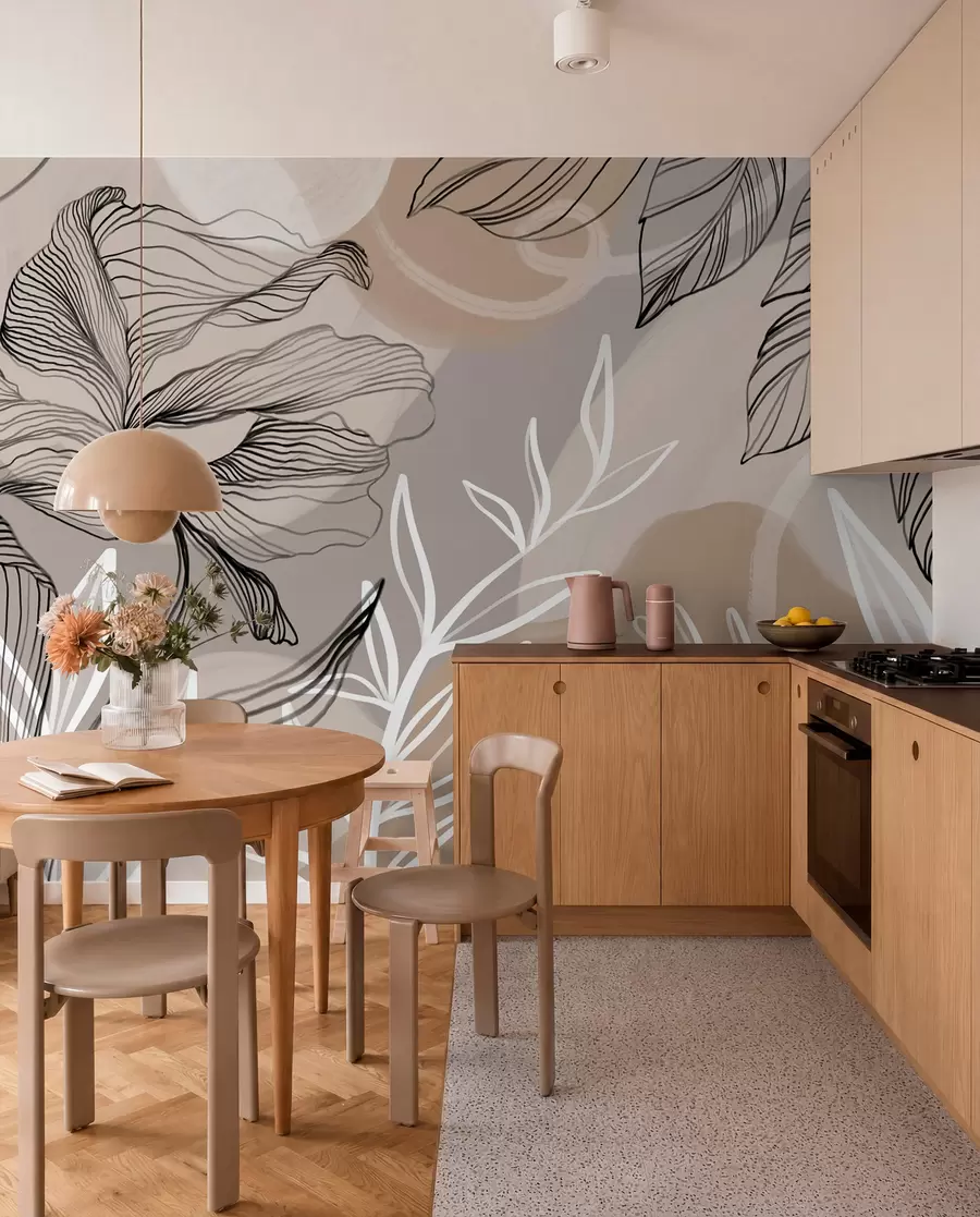 fototapeter Elegant blomsterprint med store abstrakte linjeblomster og blade i grå og beige nuancer på en lys baggrund w08413