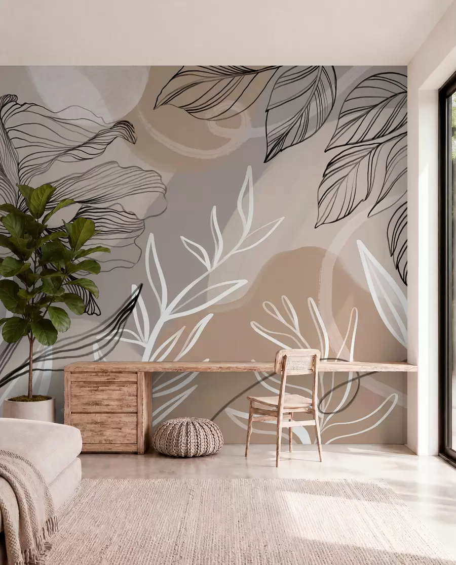 fototapeter Elegant blomsterprint med store abstrakte linjeblomster og blade i grå og beige nuancer på en lys baggrund w08413