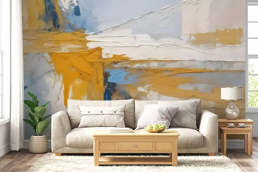 Fototapete Minimalistische abstrakte Kunstkomposition mit kräftigen Pinselstrichen in gelber, blauer und weißer Farbe w08414