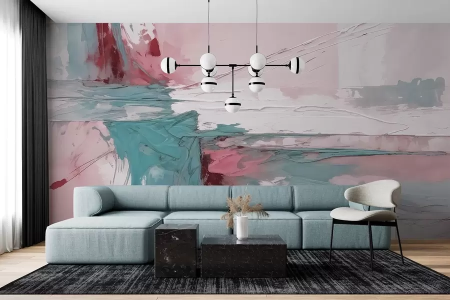 Fototapete Minimalistische abstrakte Kunst Komposition mit fetten Pinselstrichen von rosa, blau und weißer Farbe w08414v1