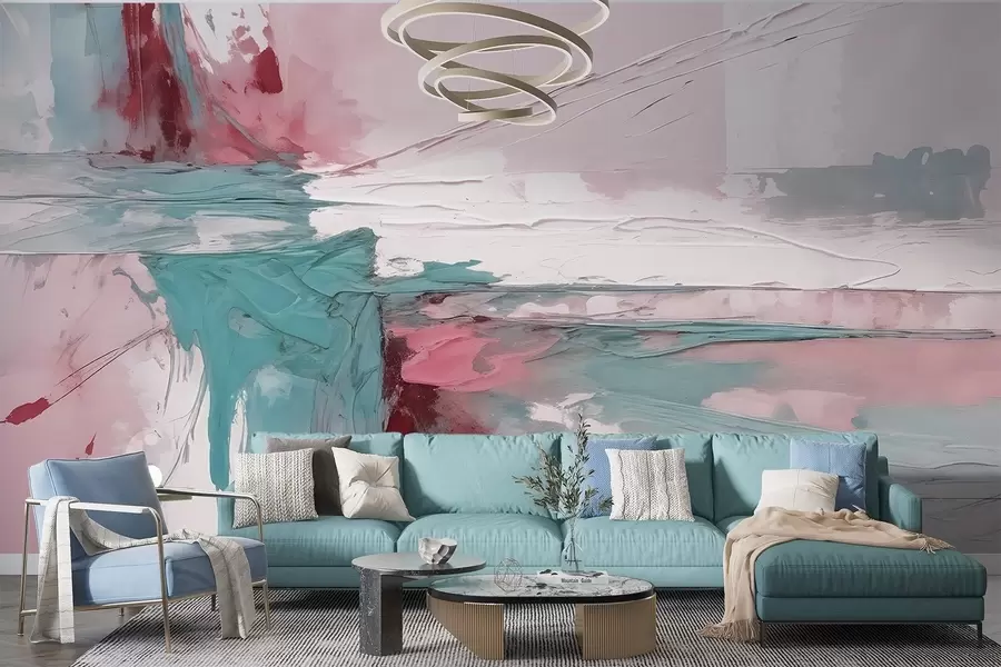 Fototapete Minimalistische abstrakte Kunst Komposition mit fetten Pinselstrichen von rosa, blau und weißer Farbe w08414v1