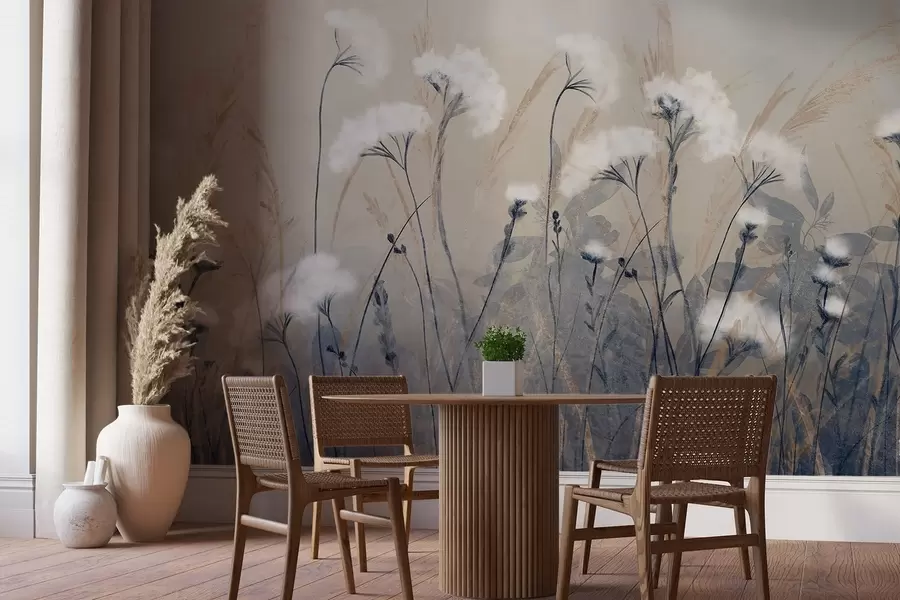 Fototapete Flauschiges weißes Baumwollgras vor einem unscharfen, strukturierten Hintergrund mit einer weichen, dunstigen und heiteren Atmosphäre w08416