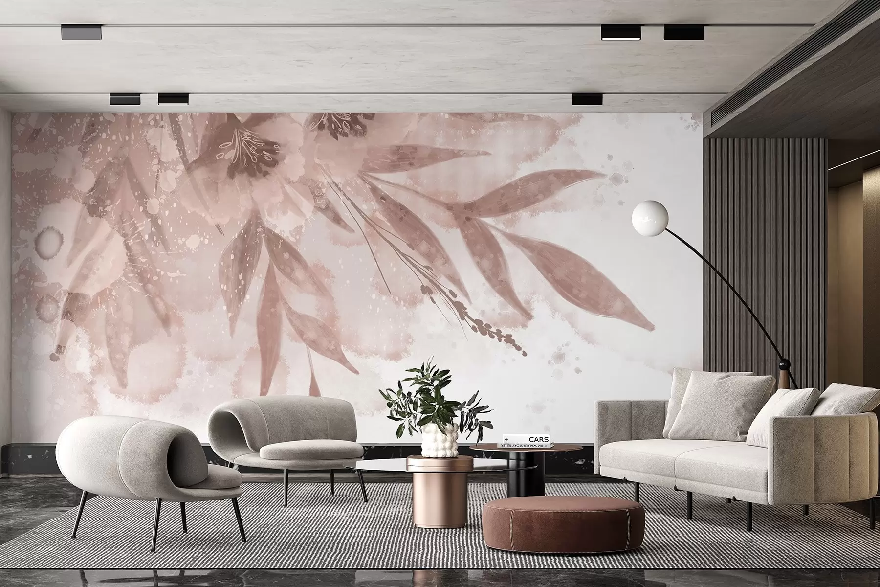 Murale Éclaboussure rose délicate avec des éléments floraux abstraits sur un fond doux et flou w08417