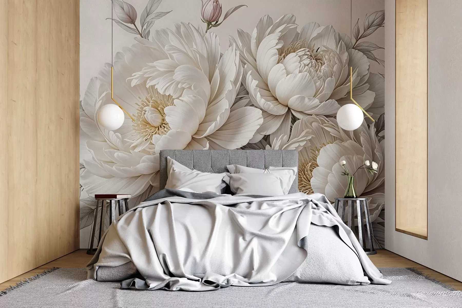 Murale Délicates pivoines blanches pastel avec un feuillage luxuriant sur un fond doux et neutre w08420