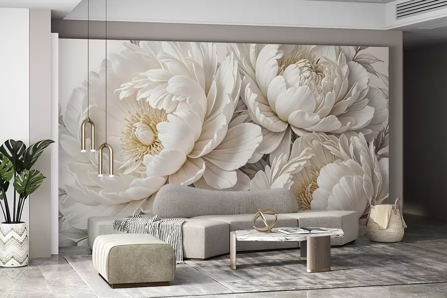 Fototapete Zarte pastellweiße Pfingstrosen mit üppigem Blattwerk vor einem weichen, neutralen Hintergrund w08420