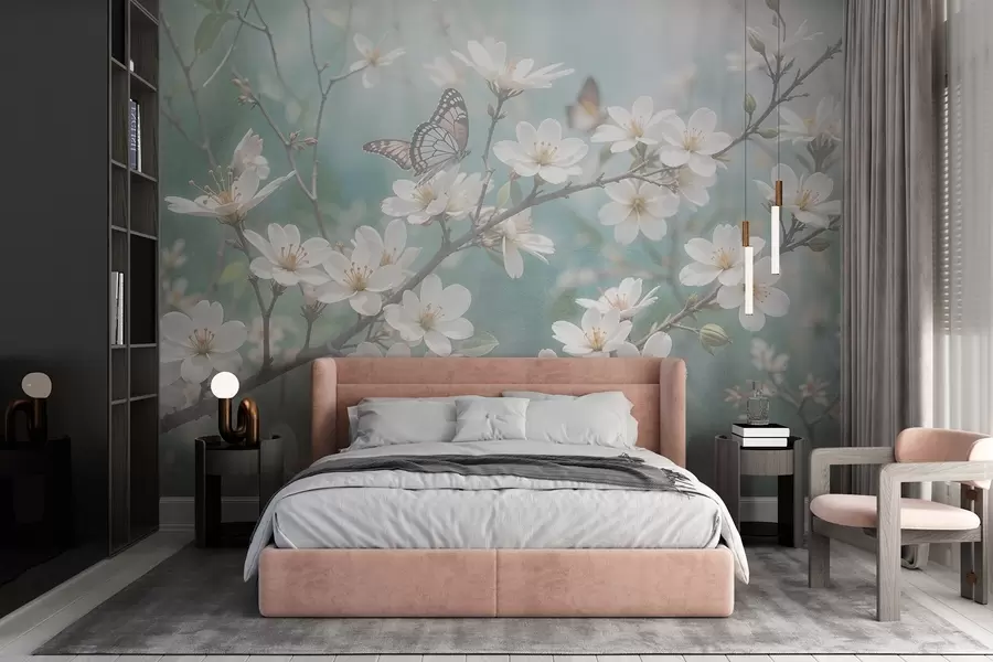 Murale Papillon blanc sur une branche avec de délicates fleurs de cerisier blanches au premier plan sur un arrière-plan flou w08421