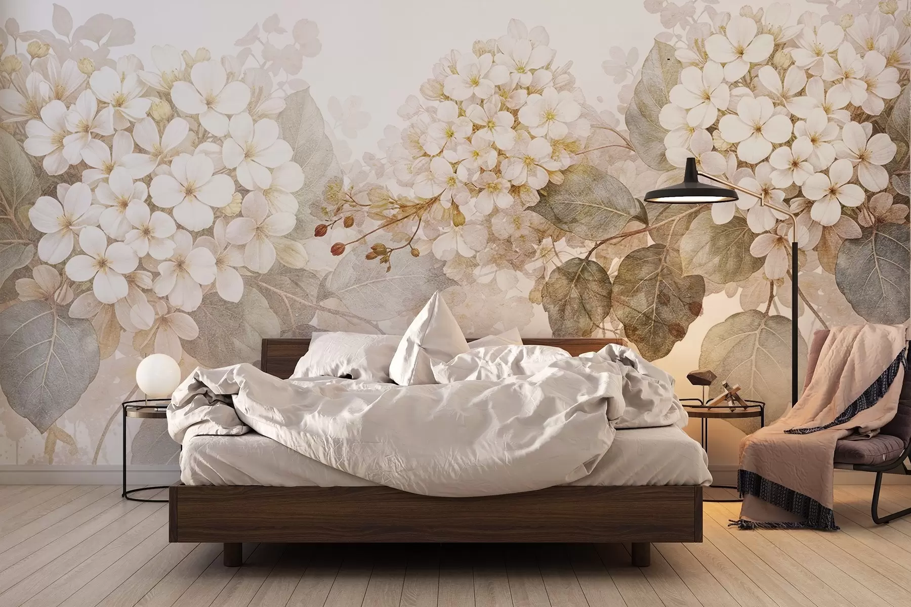 Murale Délicates fleurs d'hortensia blanches avec des feuilles vertes douces sur un fond clair w08422