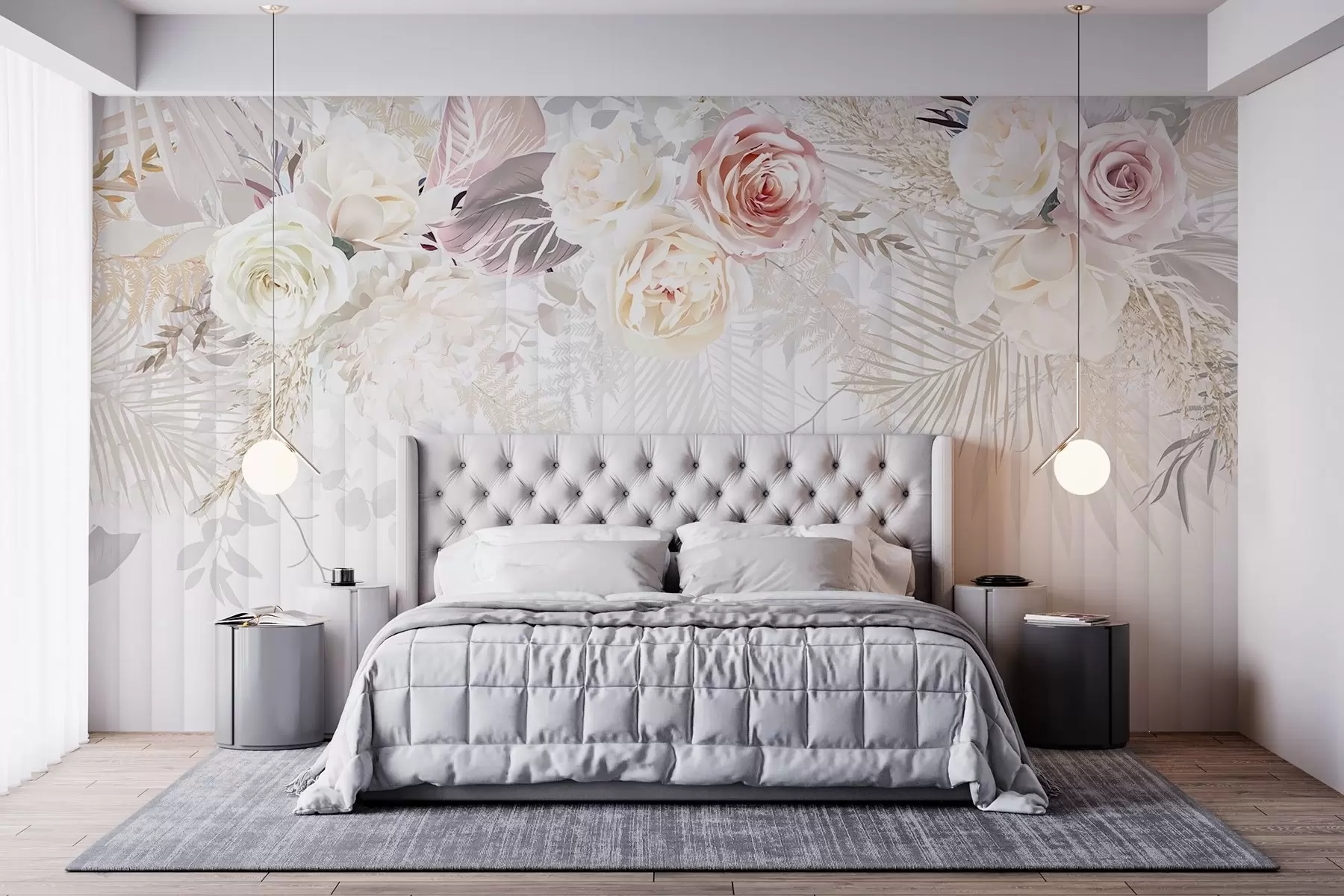 Murale Arrangement floral composé de roses roses et blanches, de feuilles de palmier et d'autres feuillages tropicaux sur fond blanc w08425