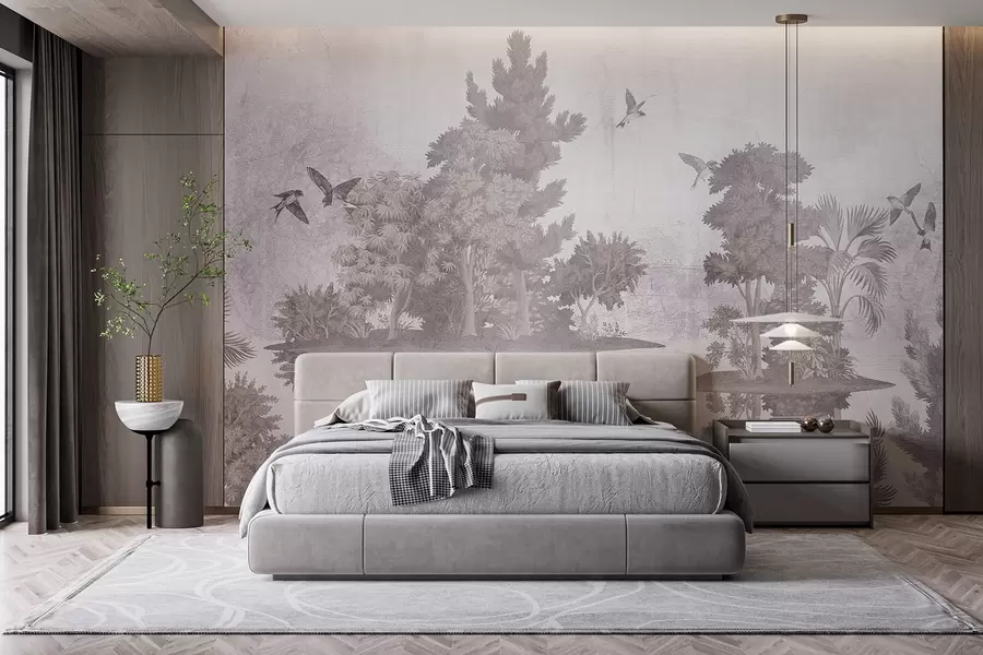 Fototapete Eine Waldlandschaft mit einem See, umgeben von Kiefern und anderem Laub auf einem beigefarbenen Hintergrund mit Struktur w08426