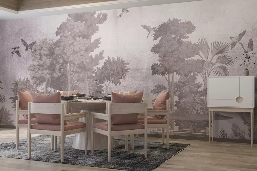 Fototapete Eine Waldlandschaft mit einem See, umgeben von Kiefern und anderem Laub auf einem beigefarbenen Hintergrund mit Struktur w08426