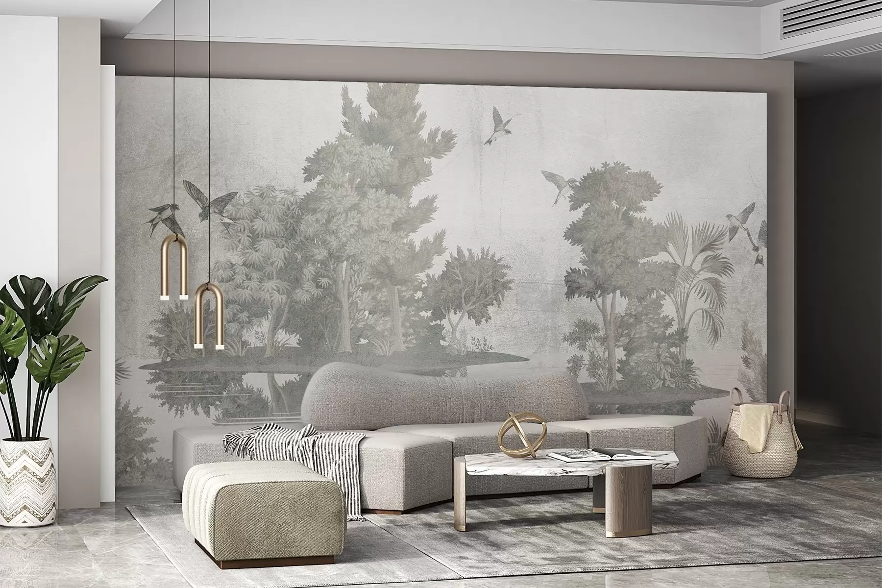 Fototapete Eine Waldlandschaft mit einem See, umgeben von Kiefern und anderem Laub auf einem grünen Hintergrund mit Struktur w08426v1