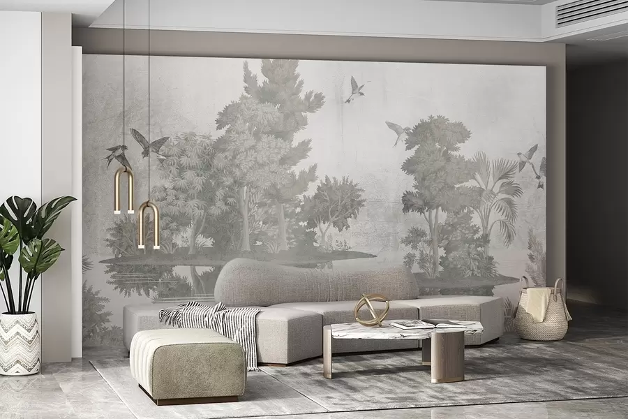 Fototapete Eine Waldlandschaft mit einem See, umgeben von Kiefern und anderem Laub auf einem grünen Hintergrund mit Struktur w08426v1