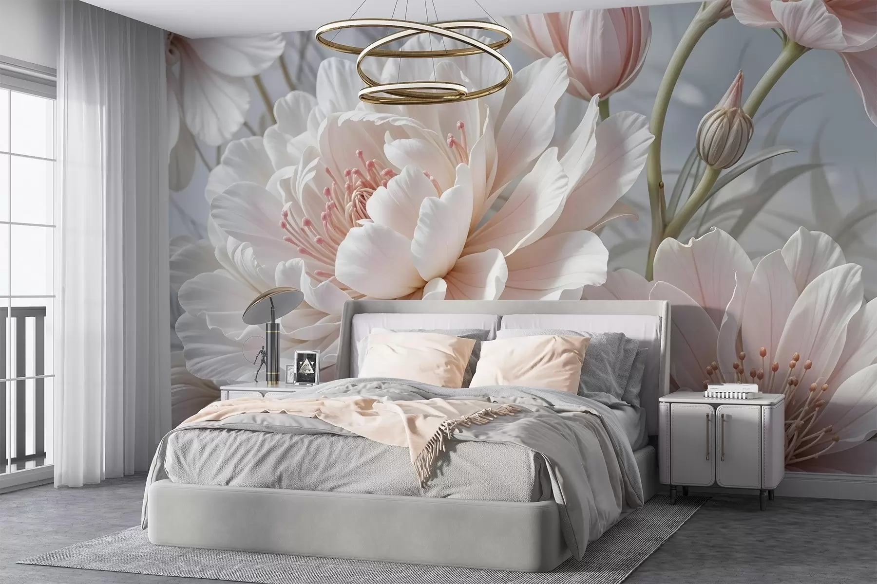 fototapeter Store, sarte hvide og lyserøde pæonblomster med bløde, luftige kronblade mod en sløret grå baggrund w08427