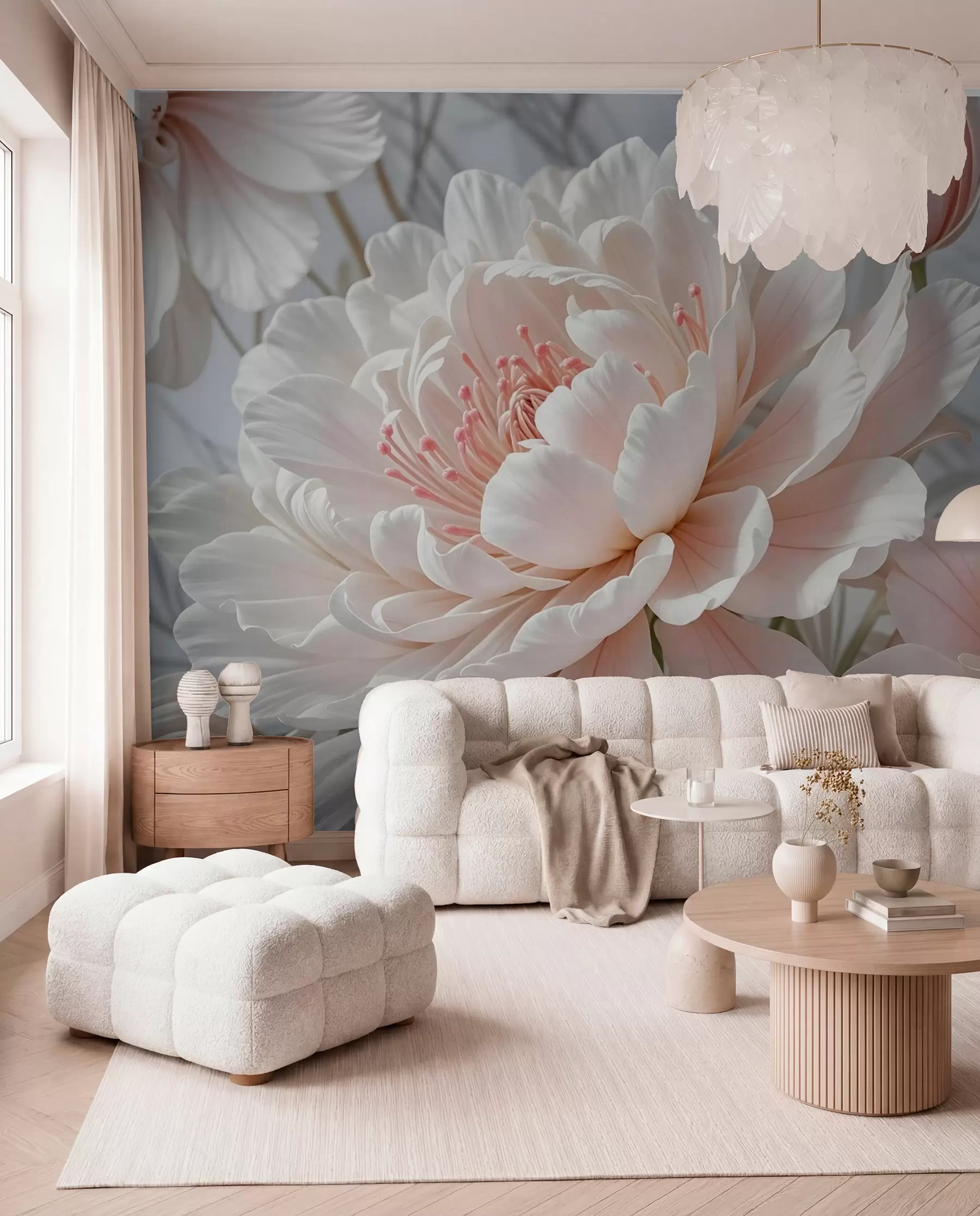 fototapeter Store, sarte hvide og lyserøde pæonblomster med bløde, luftige kronblade mod en sløret grå baggrund w08427