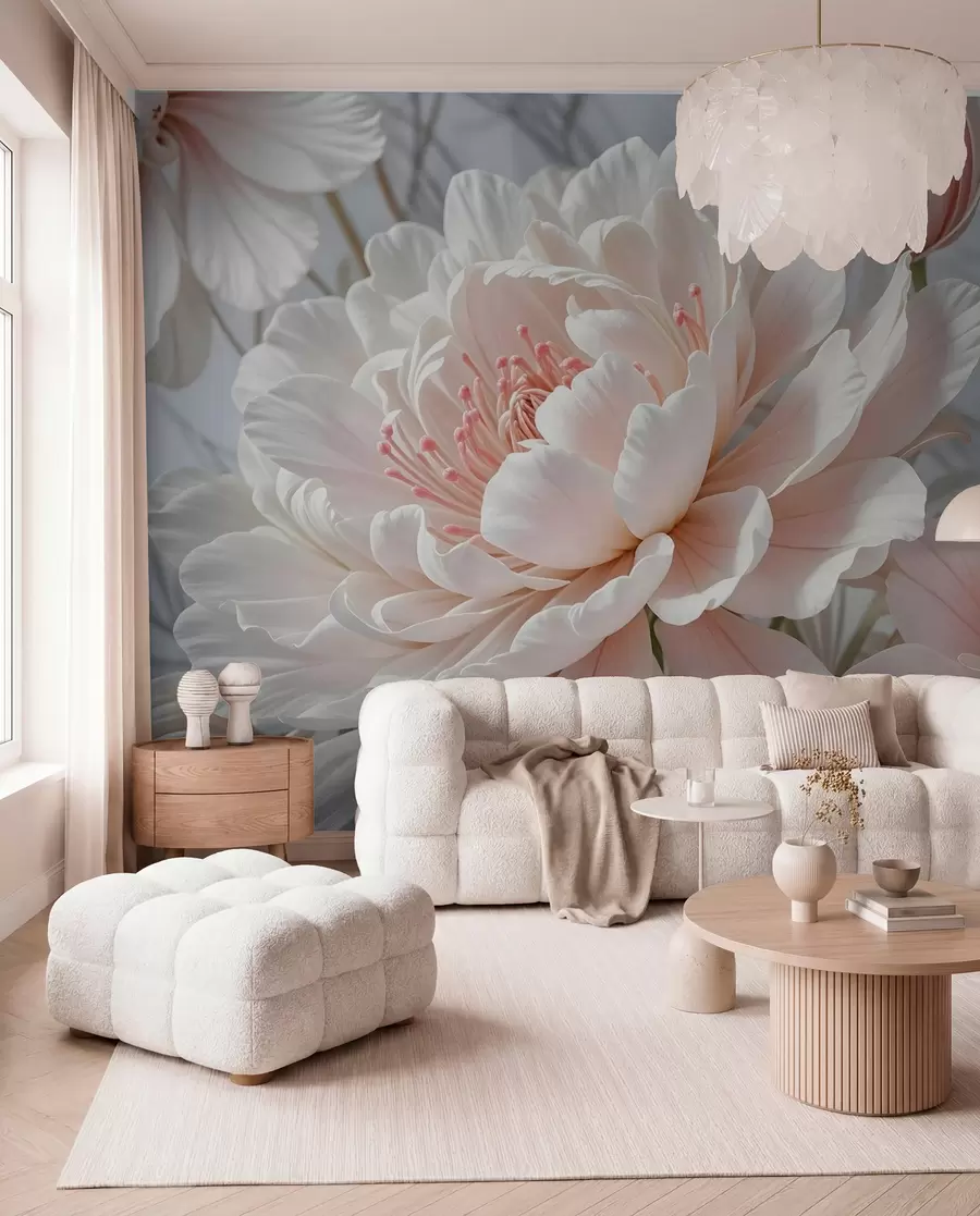 fototapeter Store, sarte hvide og lyserøde pæonblomster med bløde, luftige kronblade mod en sløret grå baggrund w08427