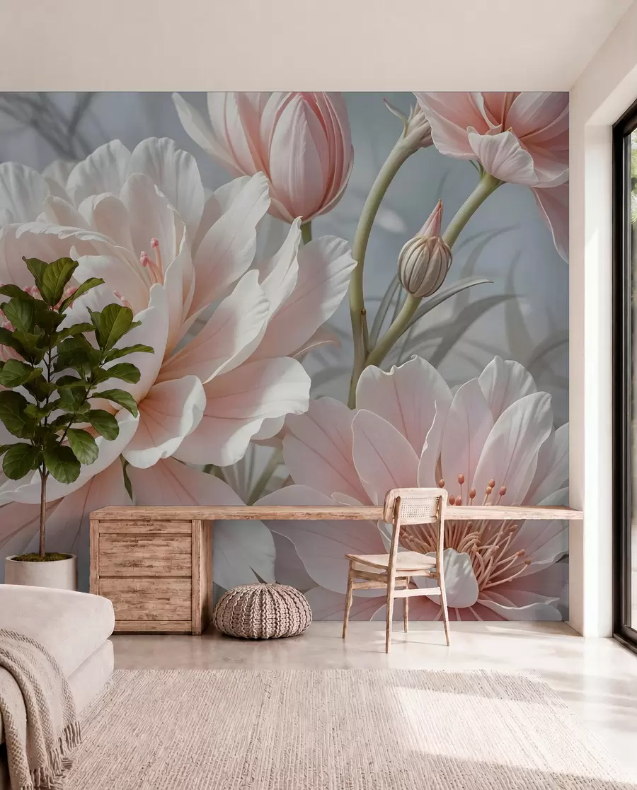 fototapeter Store, sarte hvide og lyserøde pæonblomster med bløde, luftige kronblade mod en sløret grå baggrund w08427