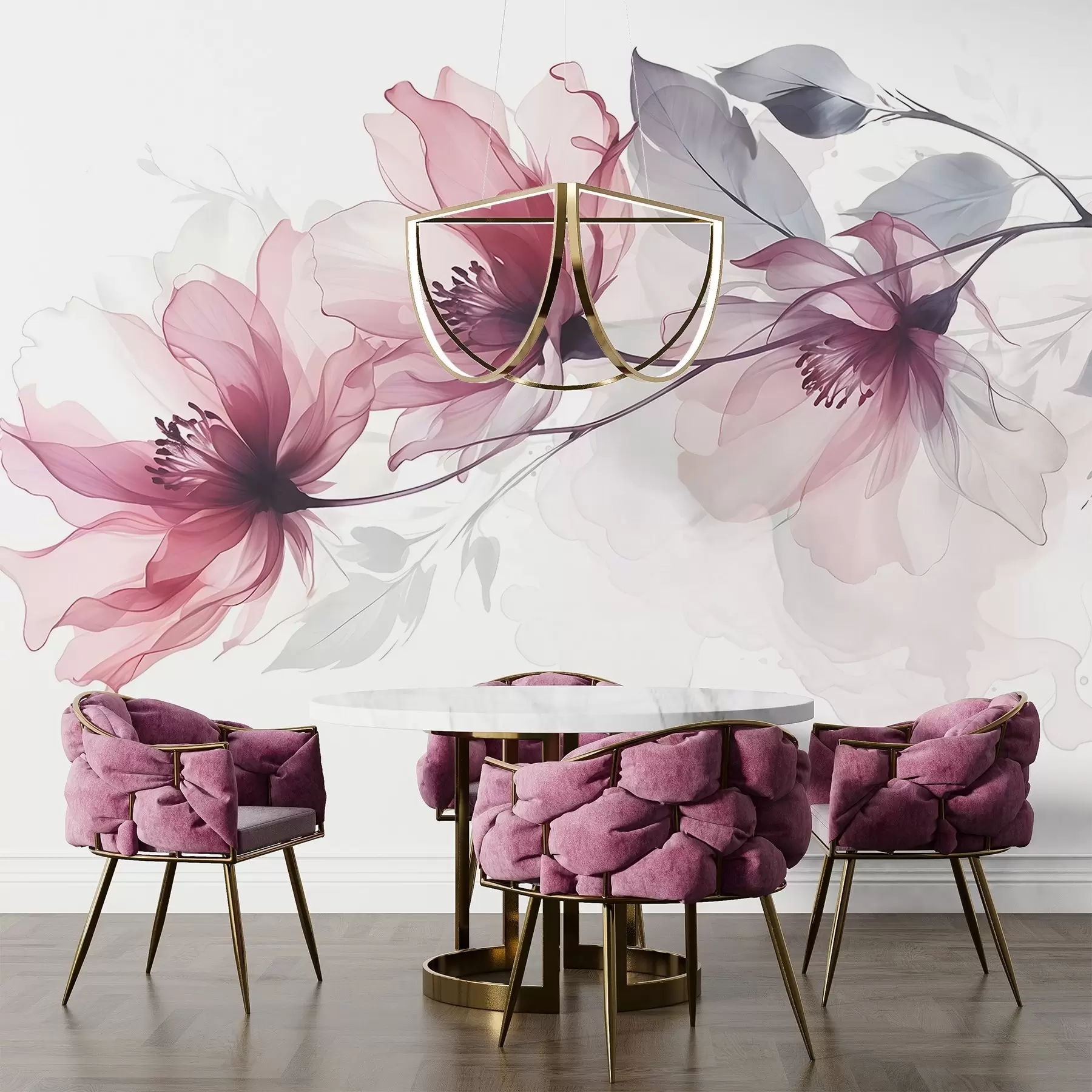 Fototapete Zarte transparente rosa und graue Blumen mit weichen, verschwommenen Blütenblättern auf weißem Hintergrund w08429