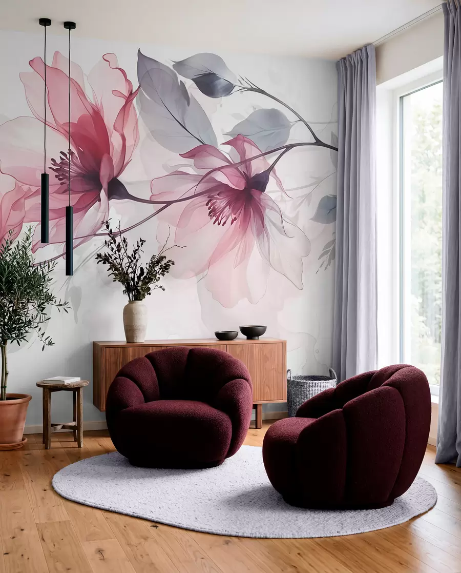 fototapeter Sarte gennemsigtige rosa og grå blomster med bløde, slørede kronblade på hvid baggrund w08429