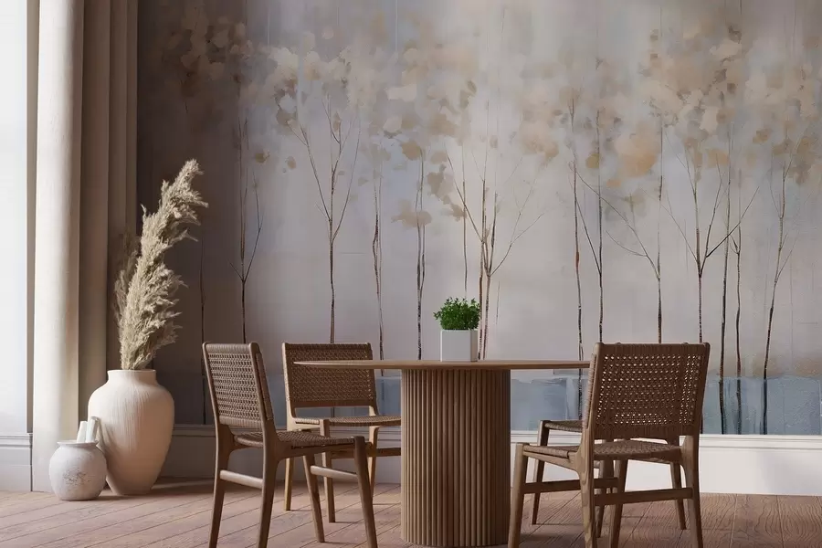 Fototapete Kahle Bäume in abstrakten Pastell verschwommen Winter minimalistische Landschaft mit einem weichen, dunstigen Hintergrund w08430