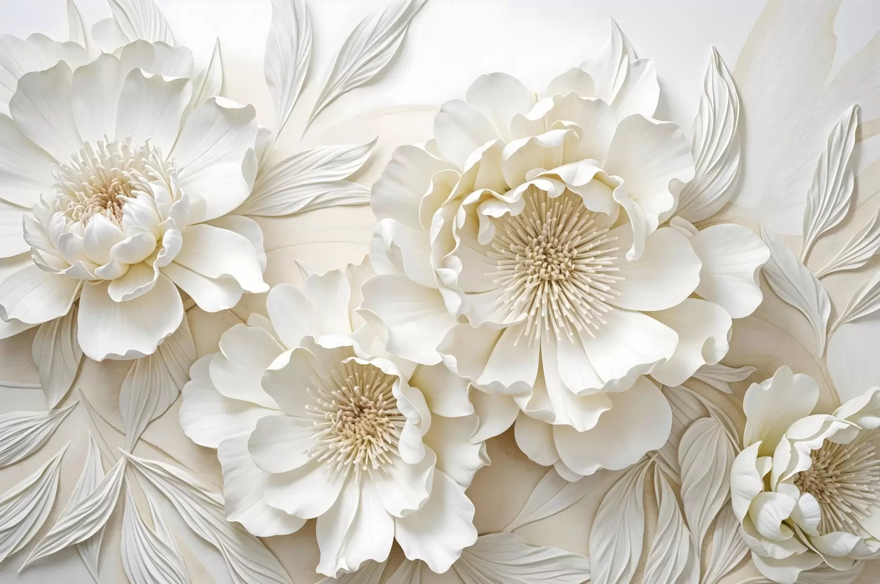 fototapeter Elegant voluminøs imitation af hvide pæonblomster med bløde kronblade og pastelgule centre, mod en lys baggrund w08431