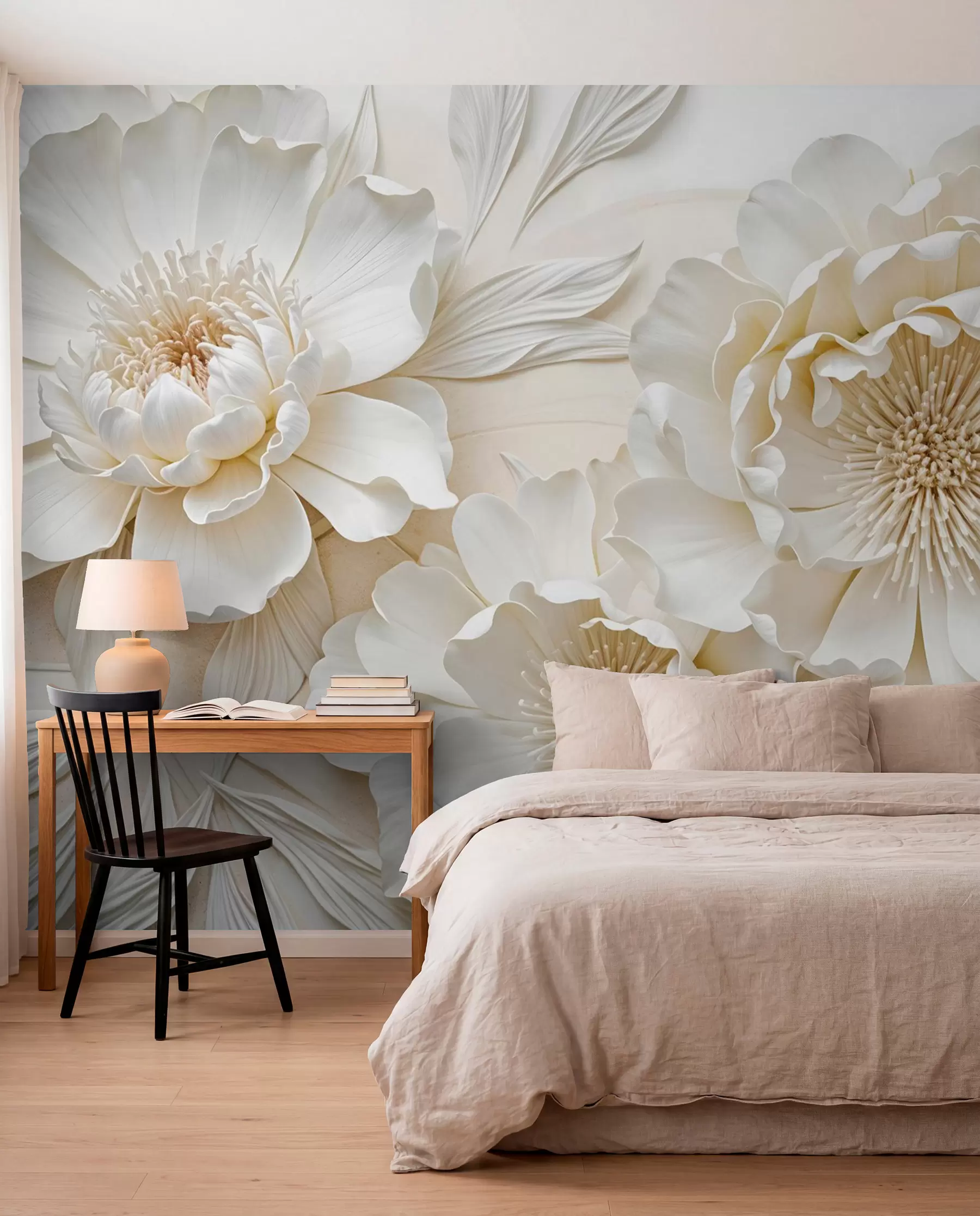 fototapeter Elegant voluminøs imitation af hvide pæonblomster med bløde kronblade og pastelgule centre, mod en lys baggrund w08431