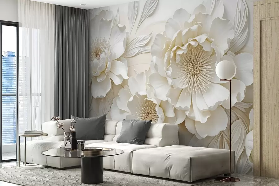 fototapeter Elegant voluminøs imitation af hvide pæonblomster med bløde kronblade og pastelgule centre, mod en lys baggrund w08431