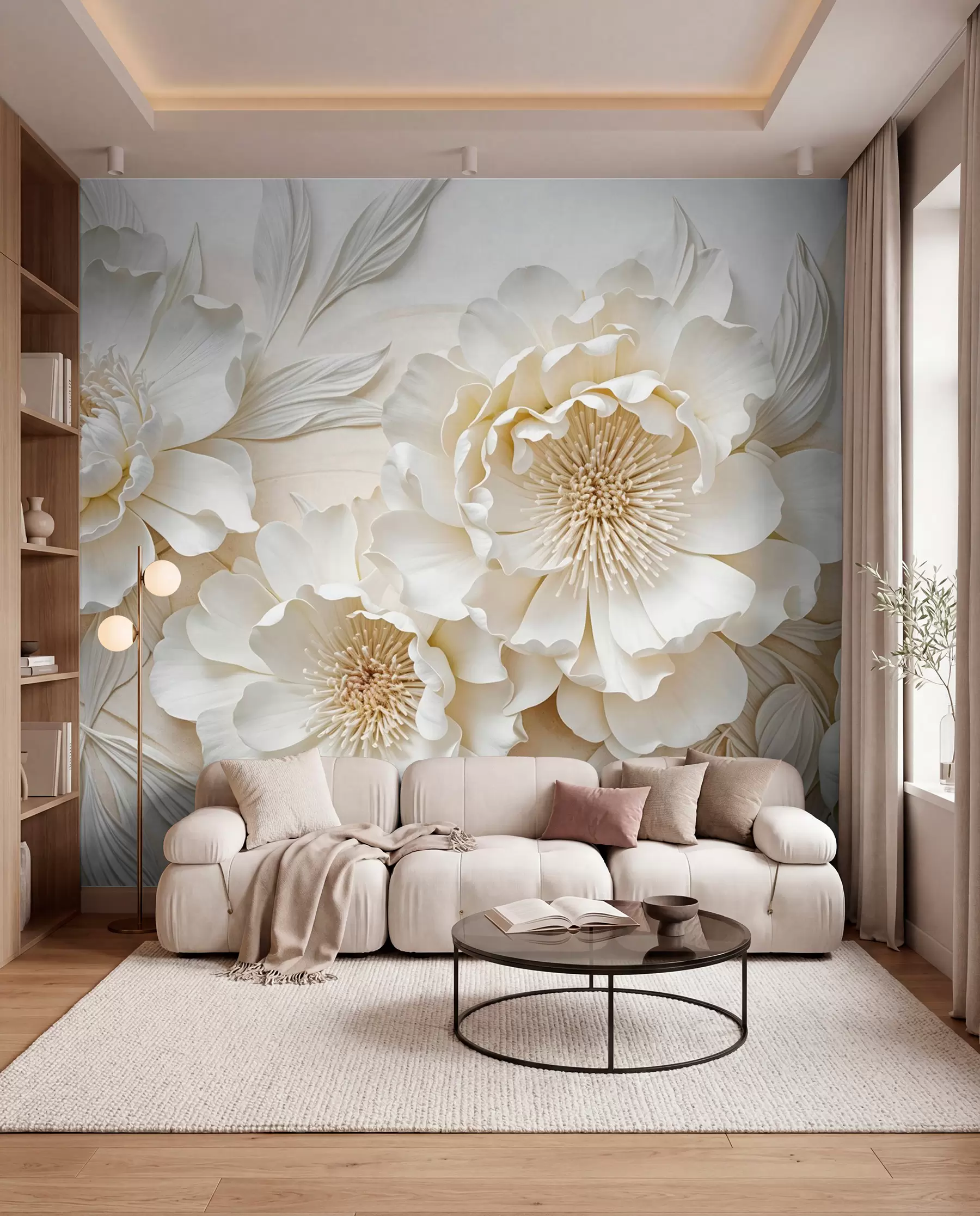 fototapeter Elegant voluminøs imitation af hvide pæonblomster med bløde kronblade og pastelgule centre, mod en lys baggrund w08431