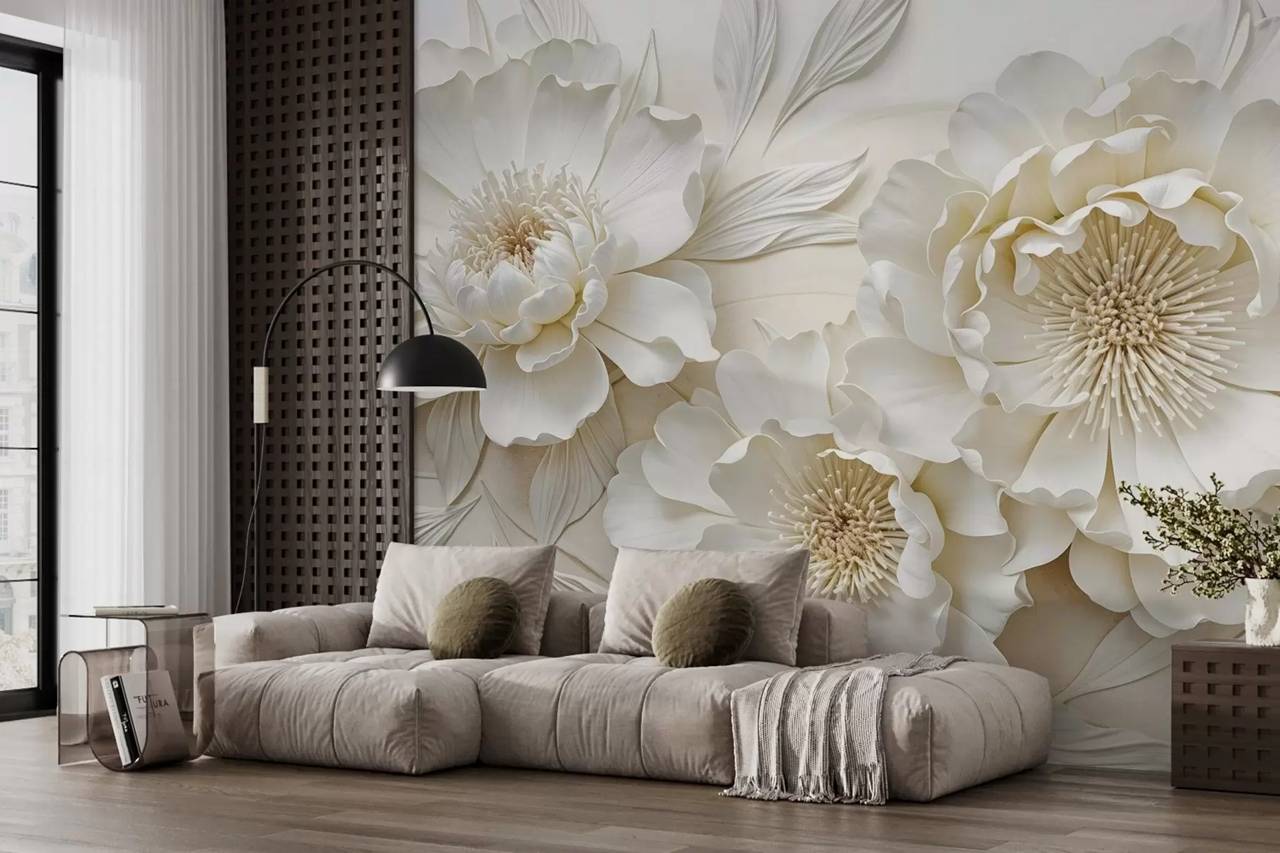 fototapeter Elegant voluminøs imitation af hvide pæonblomster med bløde kronblade og pastelgule centre, mod en lys baggrund w08431